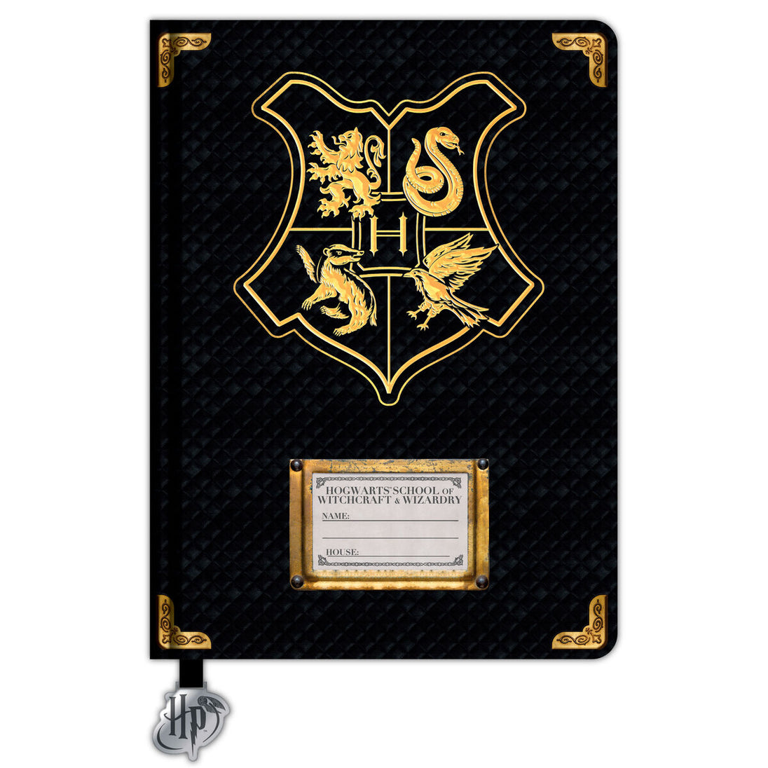 Vue de face du cahier Harry Potter Hogwarts A5 avec couverture bleue et logo officiel Blue Sky Studios