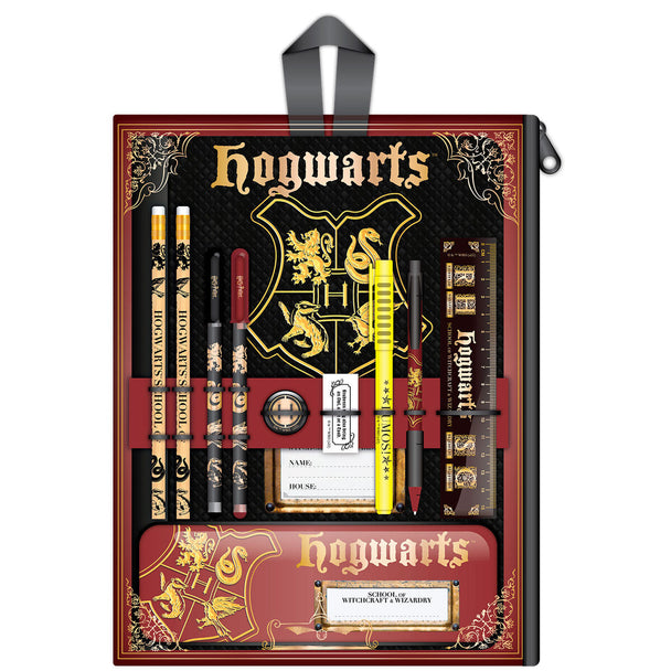 Vue du set papeterie Harry Potter avec carnet, portefeuille et stylos gel colorés sur fond blanc