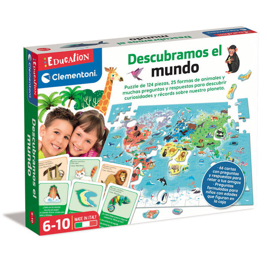 Puzzle Clementoni 124 pièces représentant un planisphère avec animaux et habitats naturels pour enfants 6-10 ans