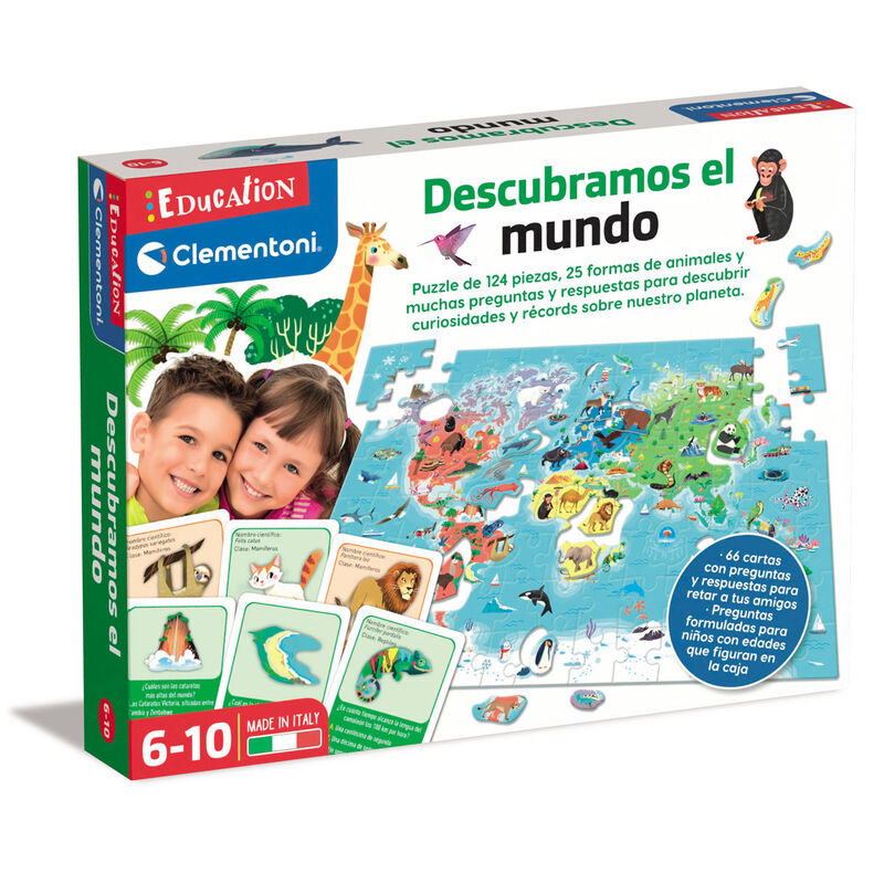 Puzzle Clementoni 124 pièces représentant un planisphère avec animaux et habitats naturels pour enfants 6-10 ans