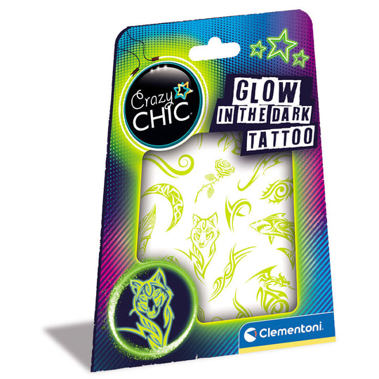 Tatouages Crazy Chic lumineux visibles sur la peau d'un enfant, effet glow in the dark éclatant
