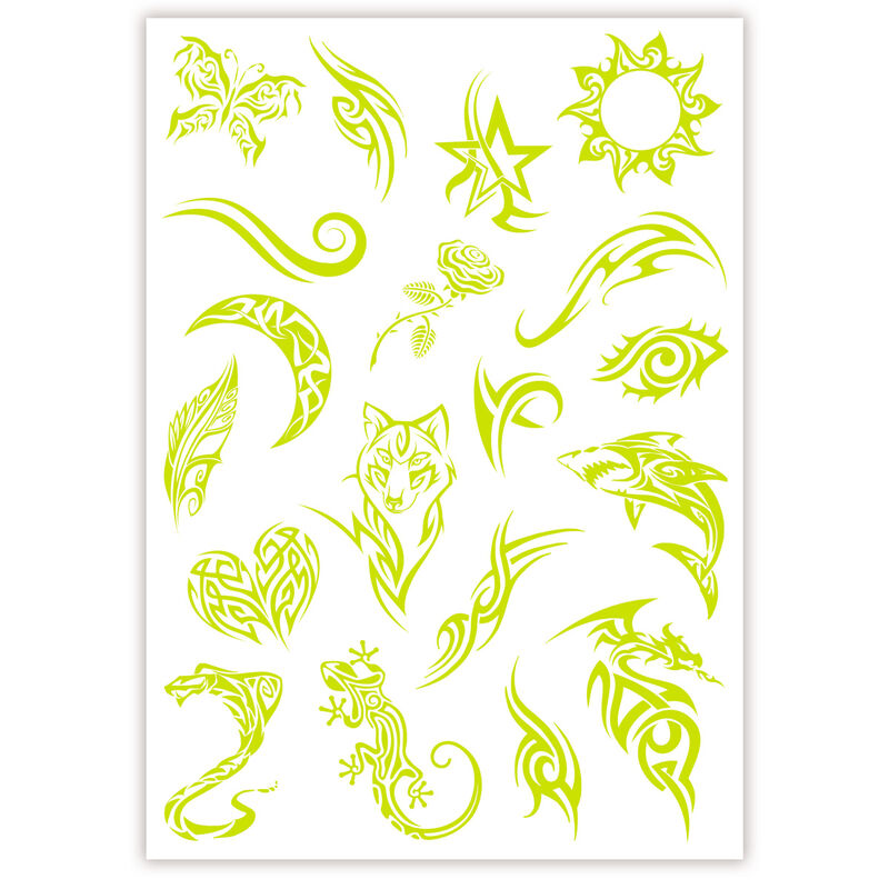 Pack de tatouages temporaires Crazy Chic Glow in the dark avec motifs colorés et brillants