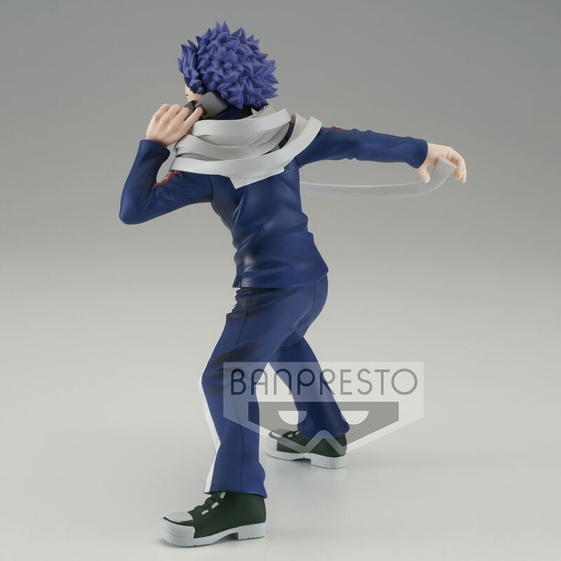 Détail de la tête de la figurine Hitoshi Shinso avec ses cheveux violets et son regard déterminé