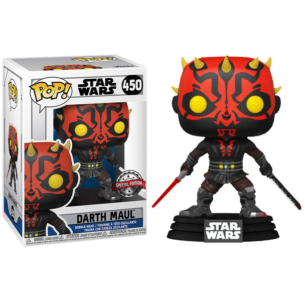 Figurine Funko POP de Darth Maul avec sabre rouge, modèle exclusif Star Wars en vinyle de 9 cm dans sa boîte vitrine