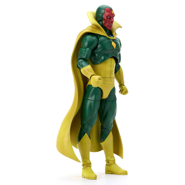 Vue rapprochée de la tête de la figurine Vision Marvel Select, montrant les détails précis du visage et des yeux.