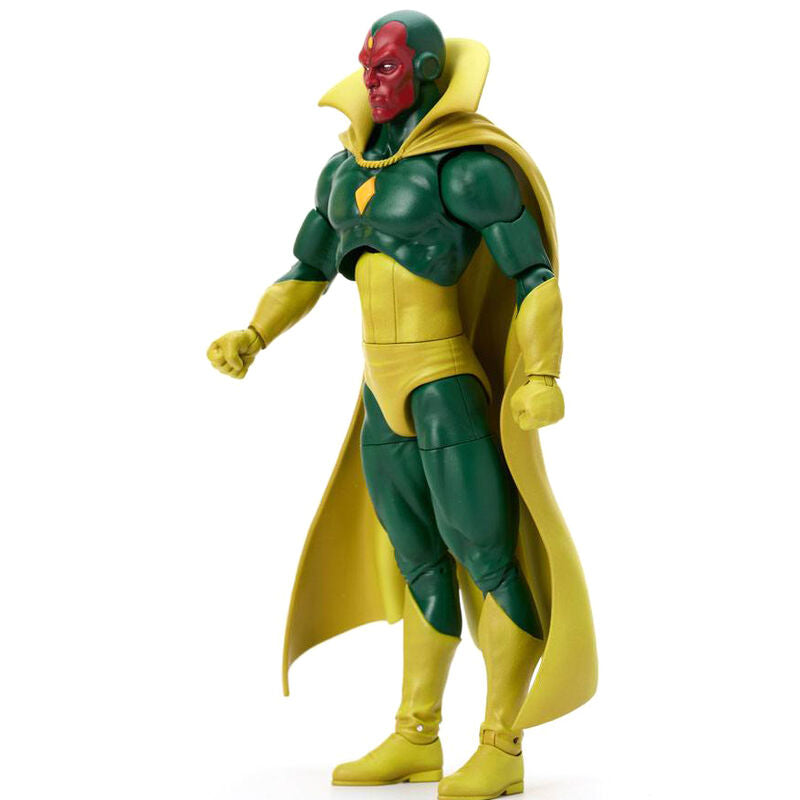 Figurine Vision Marvel Select posée dynamiquement avec bras articulés, exposée sur un fond neutre.