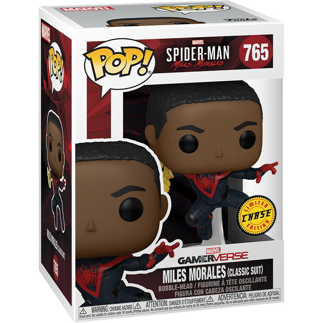 Détail de la figurine Funko POP Spiderman Miles Morales Classic Suit Chase montrant les couleurs et le design