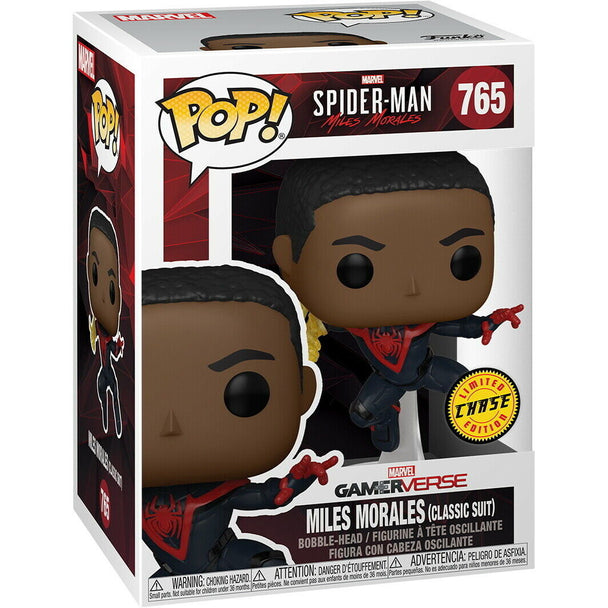Détail de la figurine Funko POP Spiderman Miles Morales Classic Suit Chase montrant les couleurs et le design