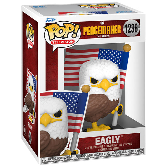 Vue latérale de la figurine POP Peacemaker Eagly avec la boîte collector DC Comics