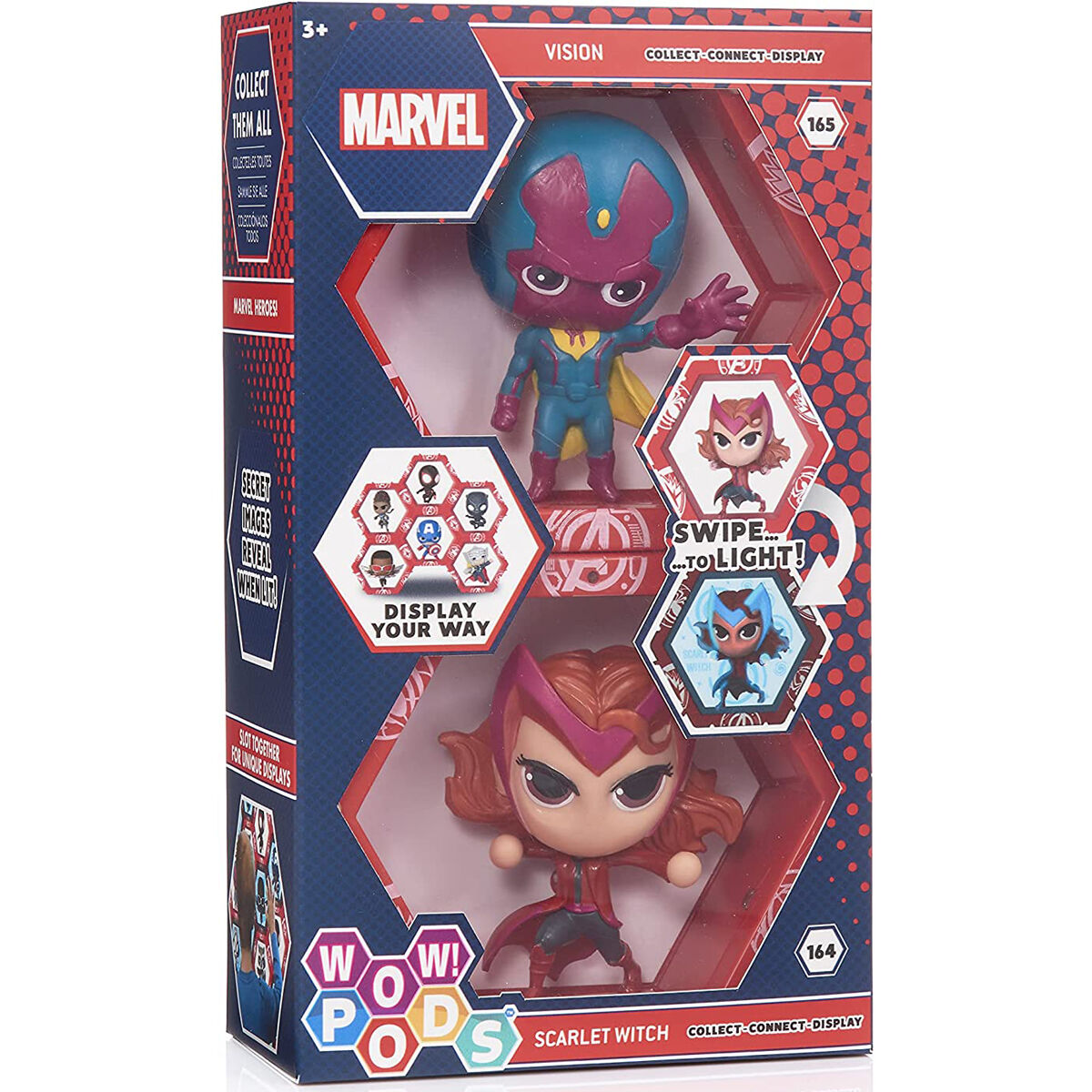 Set de figurines WOW POD Marvel Vision et Scarlet avec éclairage LED et design détaillé.