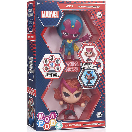 Set de figurines WOW POD Marvel Vision et Scarlet avec éclairage LED et design détaillé.