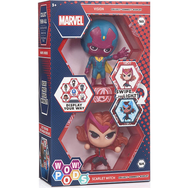 Set de figurines WOW POD Marvel Vision et Scarlet avec éclairage LED et design détaillé.