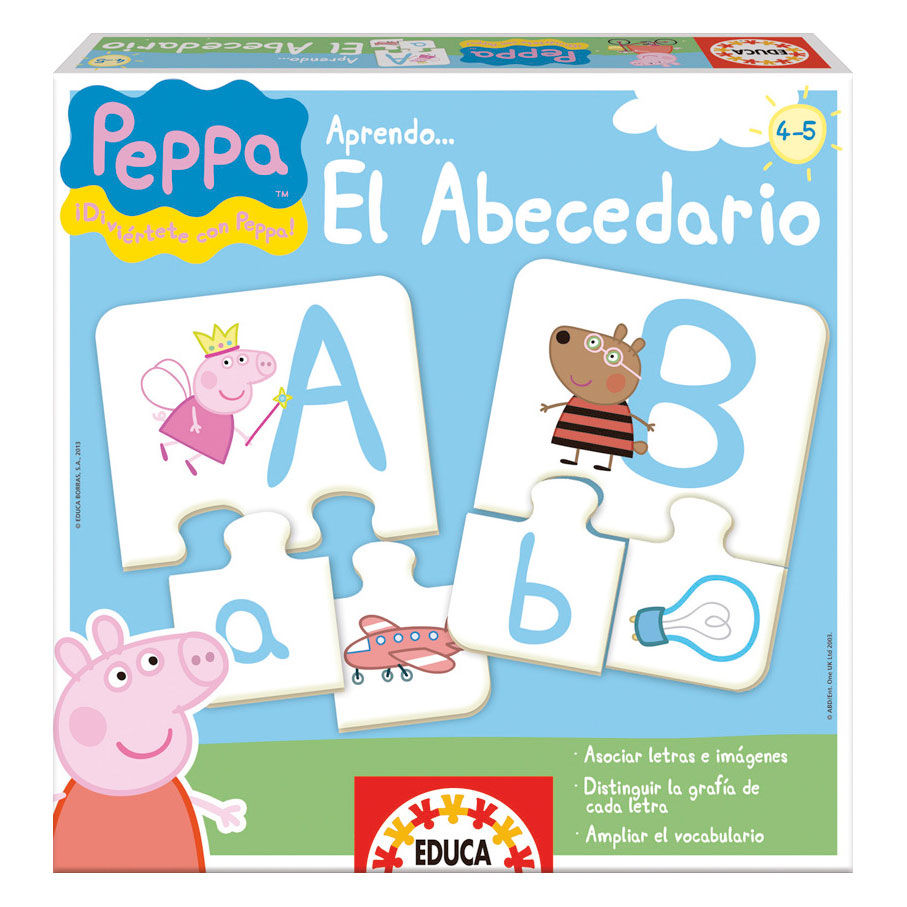 Boîte du jeu éducatif Peppa Pig pour apprendre l'alphabet espagnol avec 81 pièces colorées