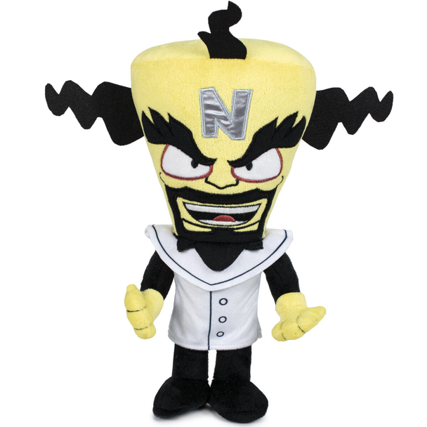 Peluche Dr. Neo Cortex de Crash Bandicoot de 32cm en tissu doux, vue de face avec détails précis du visage et costume.