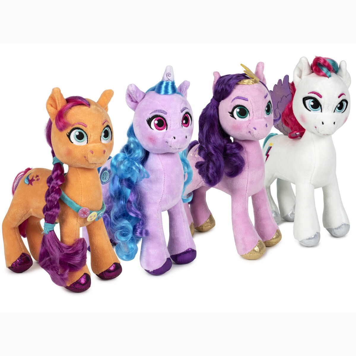 Peluches My Little Pony Creageek Multivers de 25cm en différents modèles colorés posées côte à côte sur fond blanc