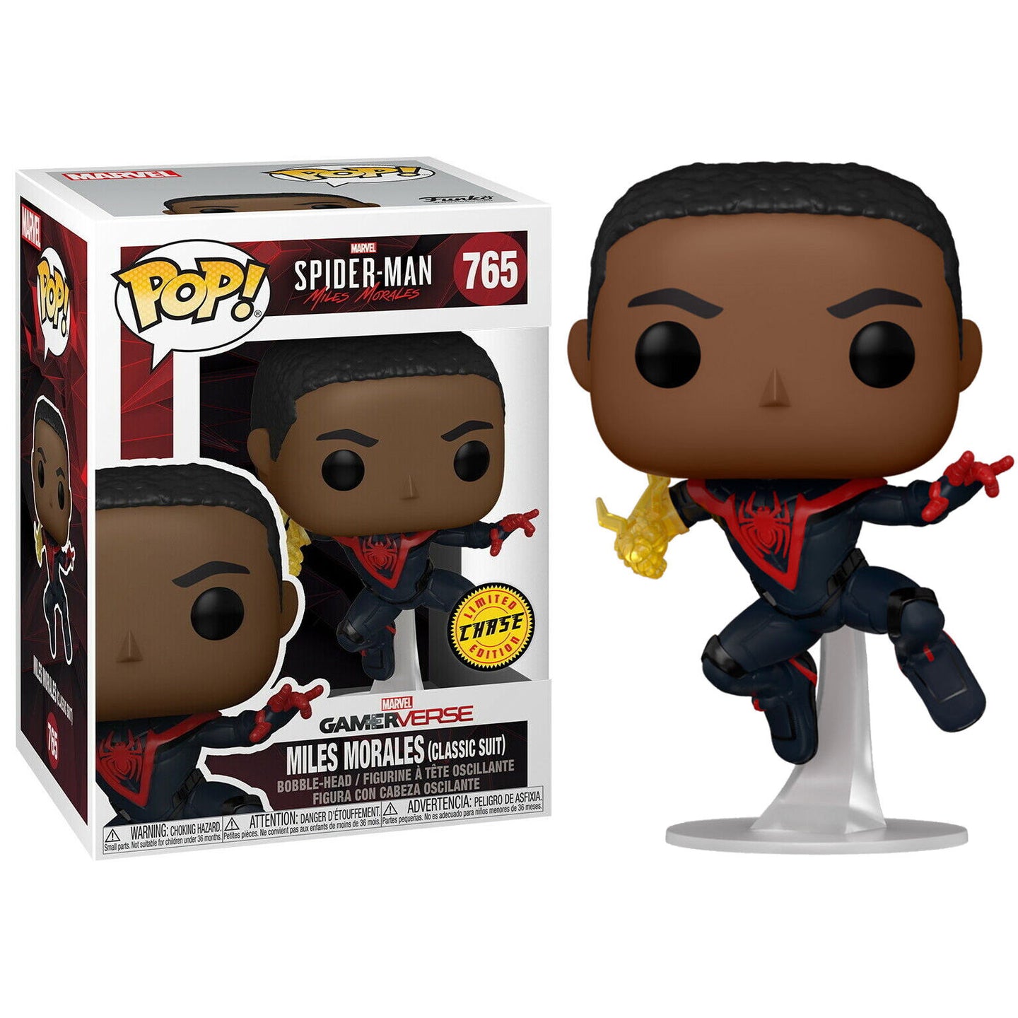 Boîte vitrine de la figurine Funko POP Spiderman Miles Morales Classic Suit Chase avec logo Marvel visible