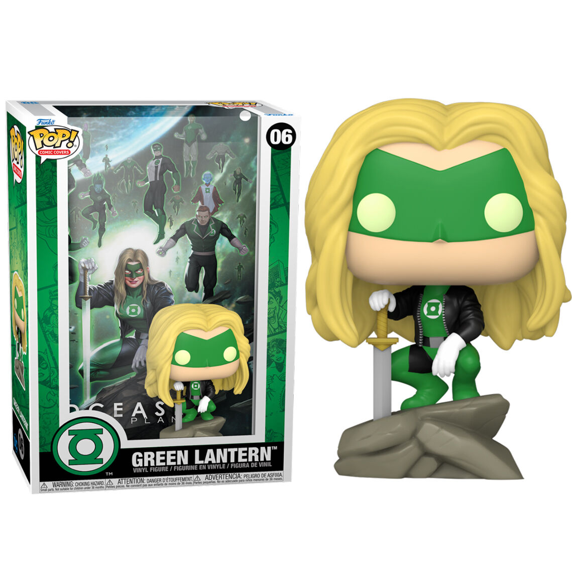 Vue de face de la figurine POP FUNKO Green Lantern avec son costume emblématique vert et noir