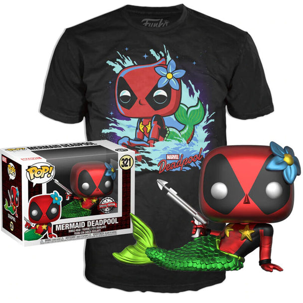T-shirt Marvel Deadpool avec design sirène exclusif, présenté sur mannequin blanc.