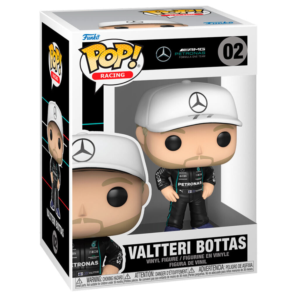 Zoom sur la figurine Funko POP Valtteri Bottas montrant les détails du casque et de la combinaison de course