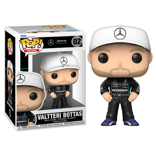 Figurine Funko POP de Valtteri Bottas en tenue de pilote Formula One, vue de face dans sa boîte cadeau