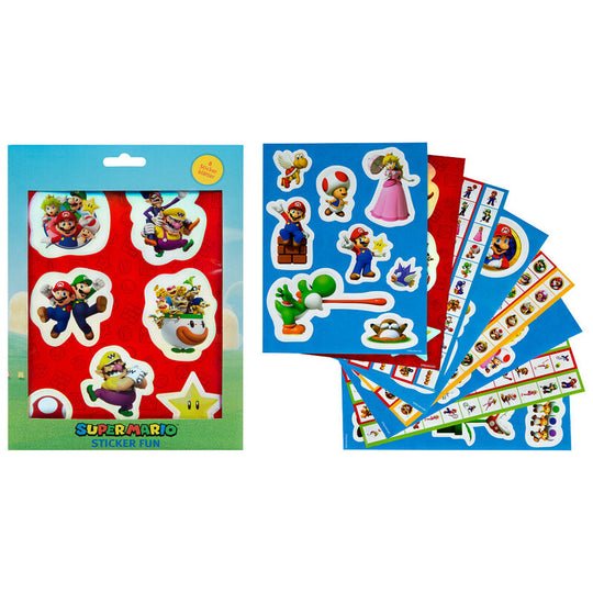 Set de stickers Super Mario Bros avec personnages emblématiques Nintendo sur fond blanc.