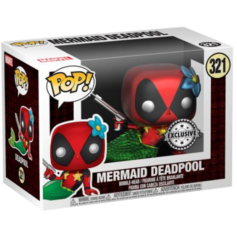 Zoom sur le détail de la figurine Funko POP Deadpool sirène avec couleurs vives.