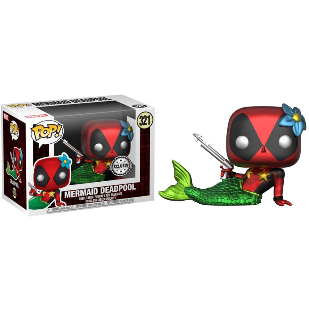 Figurine Funko POP Deadpool en édition sirène, vue de face sur fond neutre.