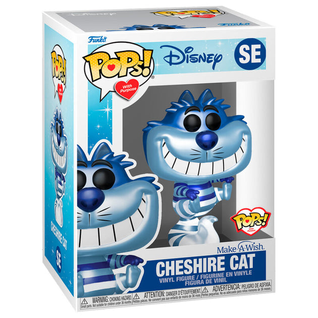 Gros plan sur la figurine Cheshire Cat métallique Funko POP montrant les détails du visage et des couleurs