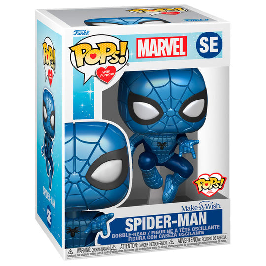 Gros plan sur la finition métallique brillante de la figurine Funko POP Spiderman édition Make a Wish