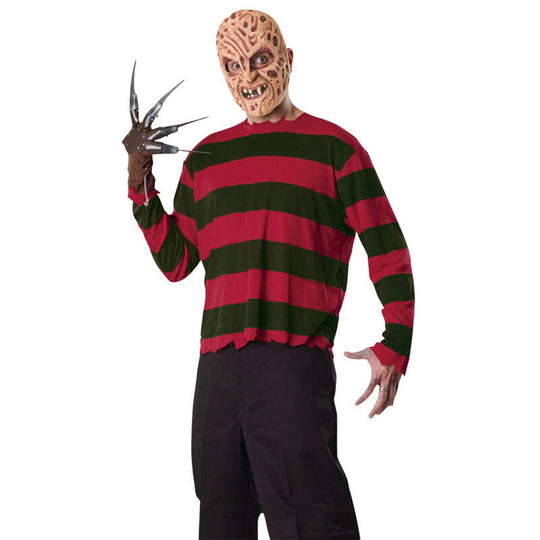 Kit costume adulte Freddy Krueger avec T-shirt, masque et gant à lames, modèle officiel RUBIES.