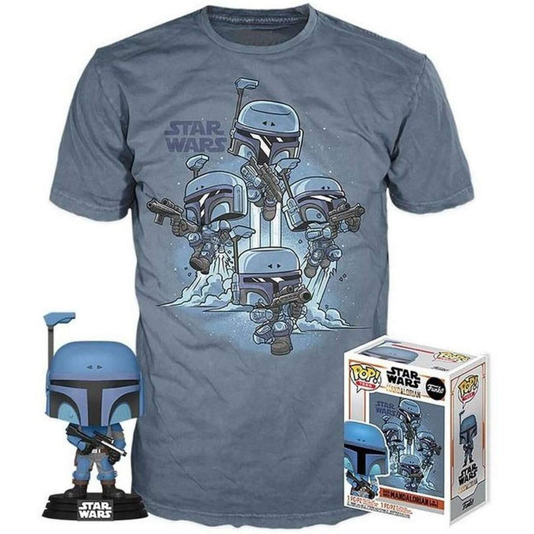 Set Funko POP Mandalorian avec T-shirt taille L, présenté sur fond blanc, mettant en valeur la figurine et le vêtement Star Wars.