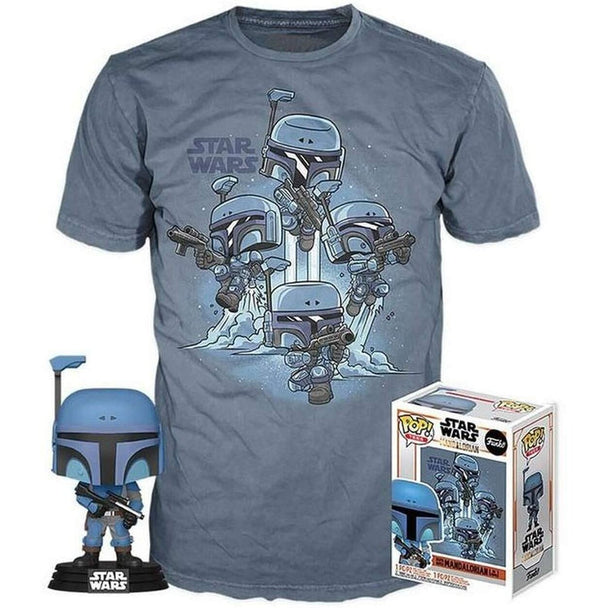 Set Funko POP Mandalorian avec T-shirt taille L, présenté sur fond blanc, mettant en valeur la figurine et le vêtement Star Wars.