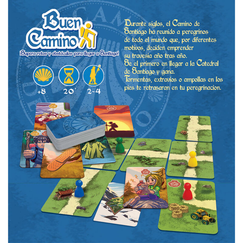 Plateau de jeu et cartes du jeu de société Camino de Santiago, avec pions colorés prêts à jouer