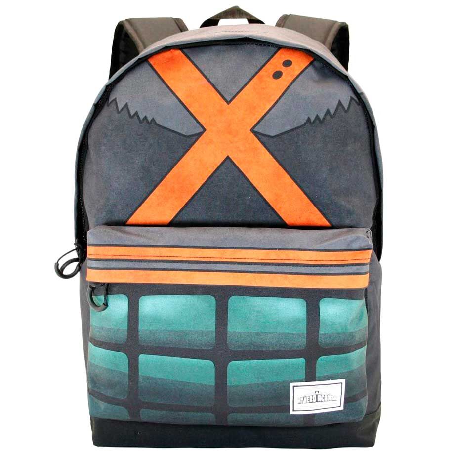 Vue de face du sac à dos My Hero Academia montrant la poche avant zippée et les détails du motif