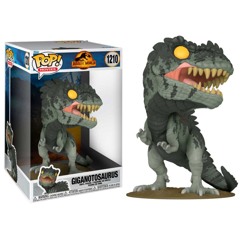 Figurine POP Giganotosaurus de Jurassic World 3 en position agressive, hauteur 25 cm, vue de face