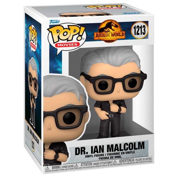Vue de face de la figurine Funko POP Dr. Ian Malcolm Jurassic World 3 montrant les détails du personnage