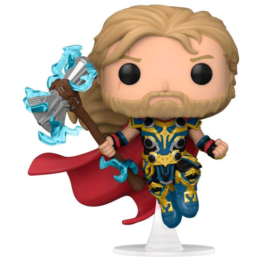 Vue rapprochée de la figurine Funko POP Thor Love and Thunder montrant les accessoires et le design