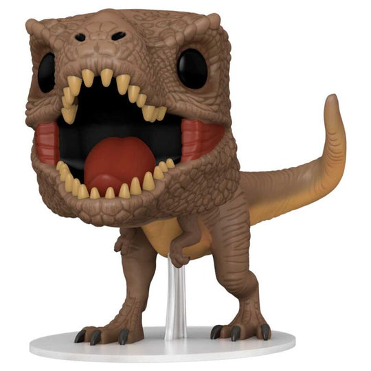 Vue latérale de la figurine Funko POP T-Rex Jurassic World 3 avec la boîte d'origine en arrière-plan