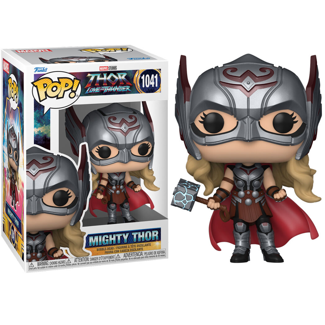 Figurine Funko POP Thor Mighty Thor de 9 cm avec marteau, vue de face dans sa boîte vitrine
