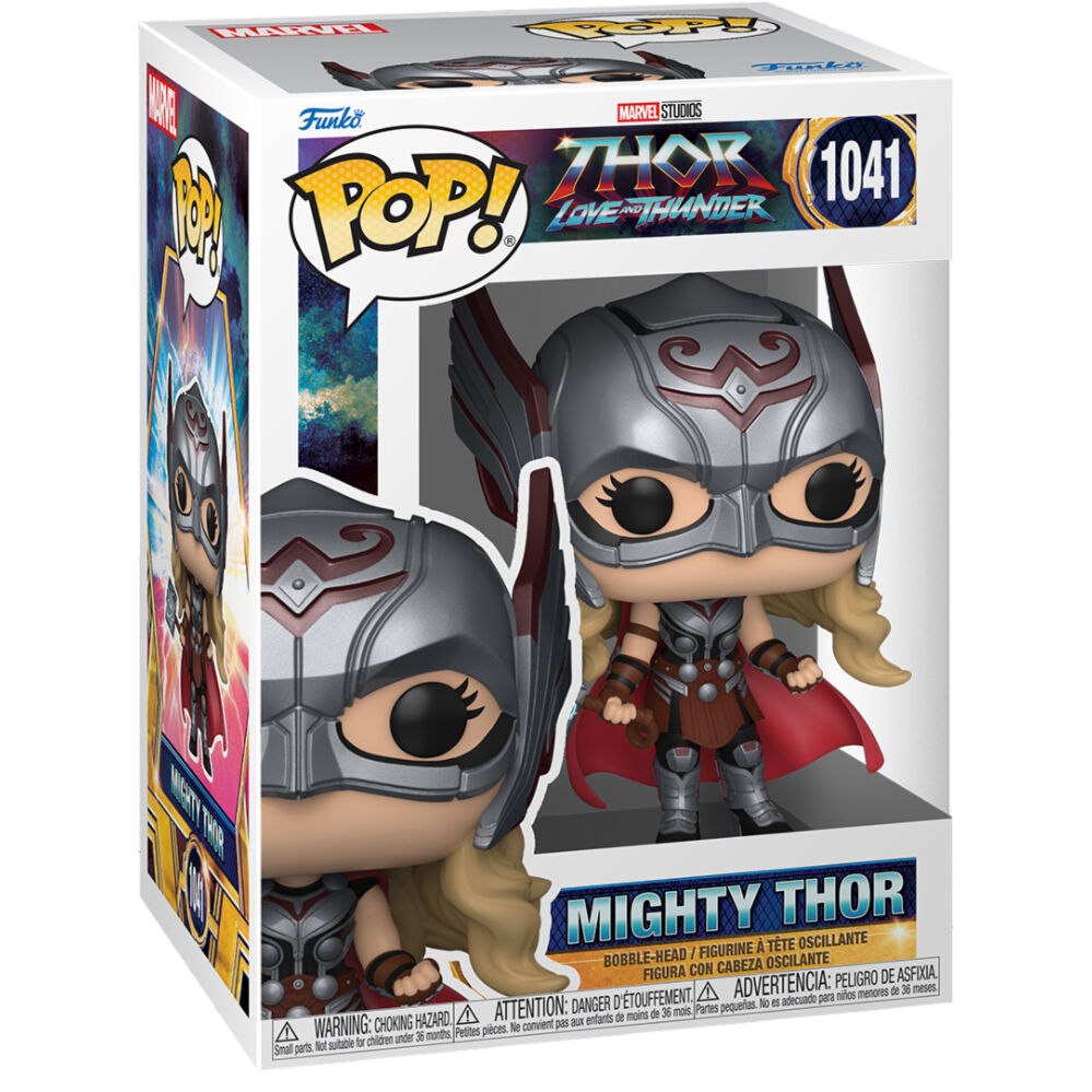 Vue latérale de la figurine Funko POP Thor Mighty Thor dans sa boîte vitrine transparente avec logo Funko