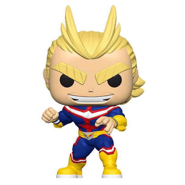Vue rapprochée de la figurine POP All Might montrant les détails précis du costume et du visage du personnage.