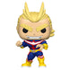 Vue rapprochée de la figurine POP All Might montrant les détails précis du costume et du visage du personnage.