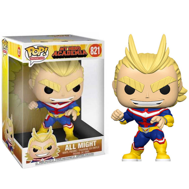 Figurine POP FUNKO All Might de My Hero Academia en vinyle, hauteur 25cm, présentée dans sa boîte vitrine transparente.