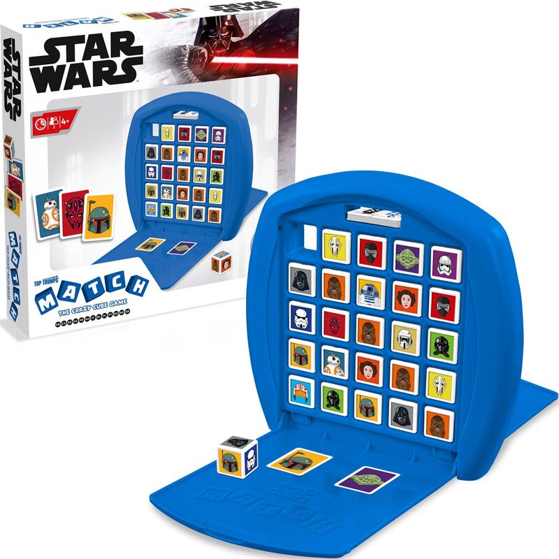 Plateau de jeu Top Trumps Match avec cubes et cartes de personnages Star Wars alignés pour une partie en cours.