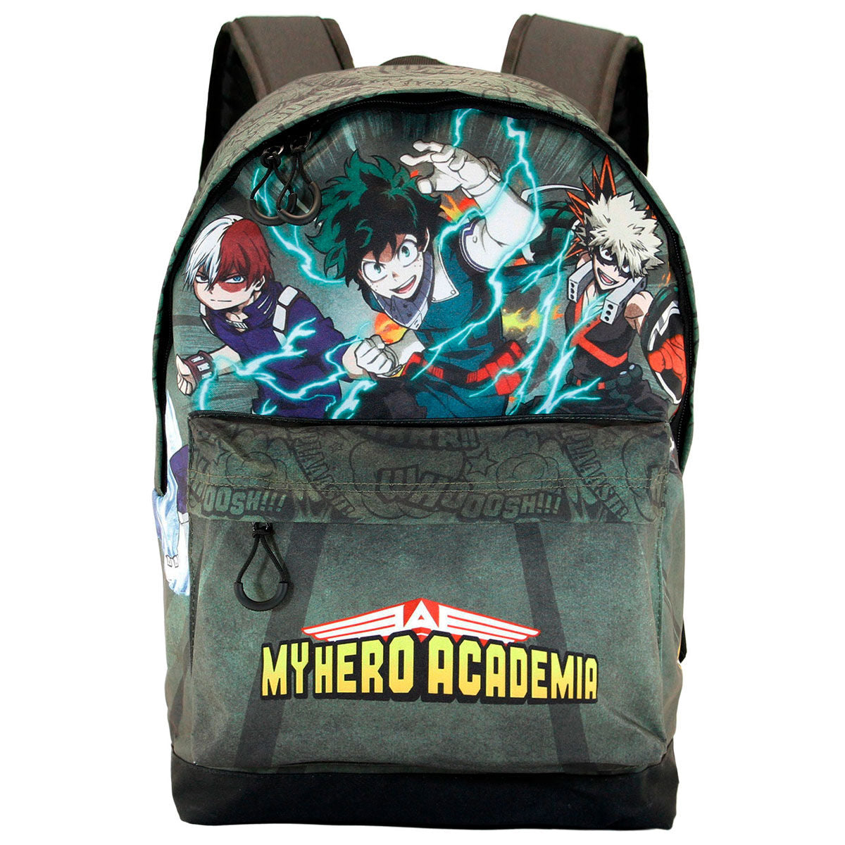 Détail de la poche frontale et des bretelles rembourrées ajustables du sac My Hero Academia