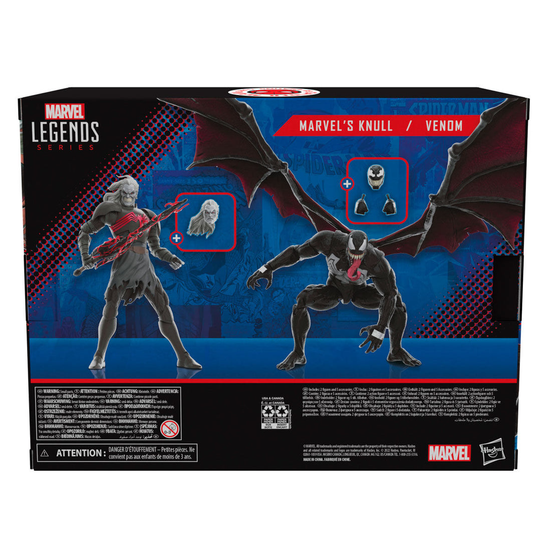 Photo rapprochée des mains articulées de la figurine Knull avec accessoires