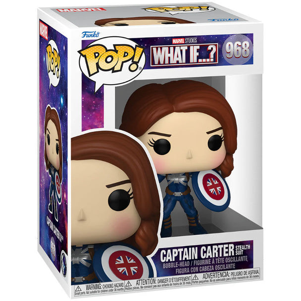 Vue rapprochée de la figurine Captain Carter Stealth Funko POP montrant les détails précis du costume et du visage