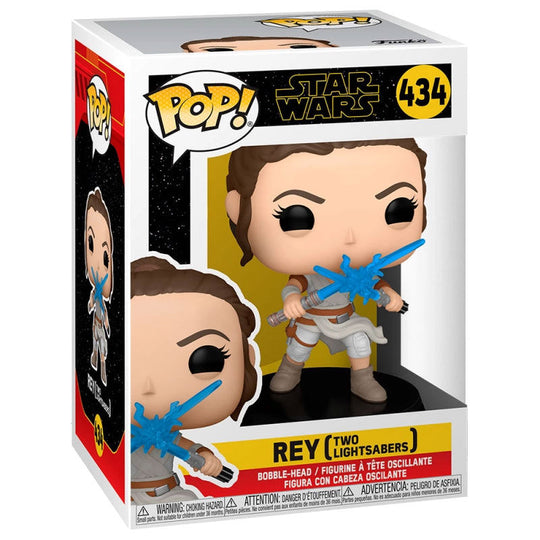 Vue de profil de la figurine Funko POP Rey tenant ses sabres laser, édition Star Wars The Rise of Skywalker