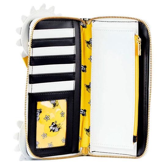 Portefeuille Loungefly Disney Minnie Daisies ouvert avec compartiments visibles pour cartes et billets