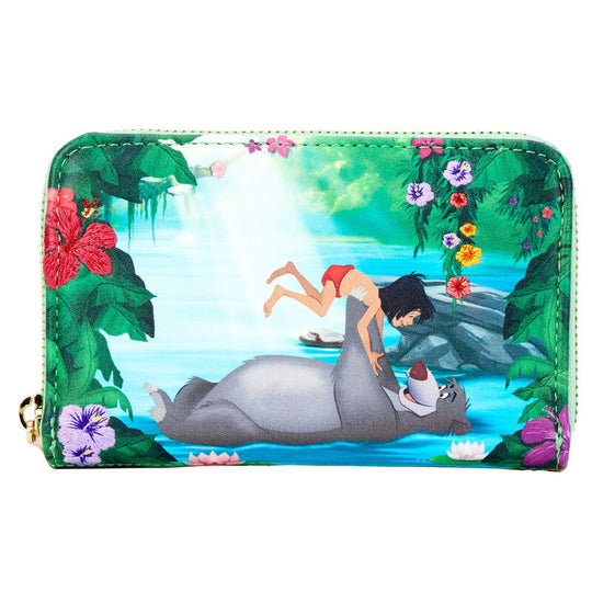 Portefeuille Loungefly Disney Le Livre de la Jungle fermé montrant le design Bare Necessities et la quincaillerie dorée brillante